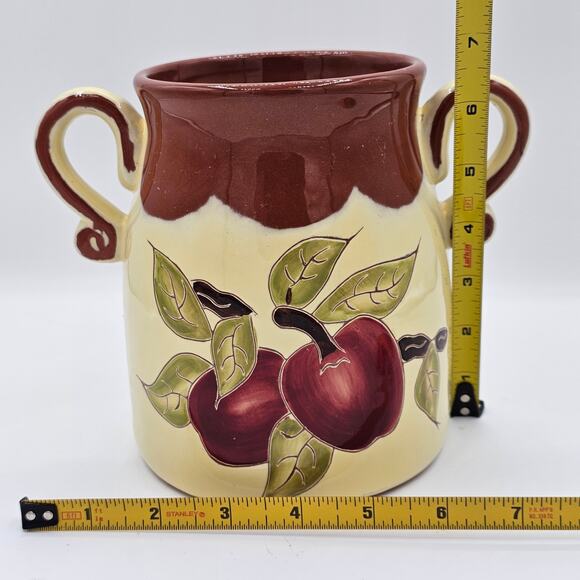 Rustic Apple Design Stoneware Crock - Vintage Ceramic Utensil Jar with Handles - Picture 9 of 10